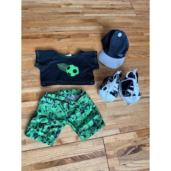 Build a Bear Soccer Outfit Shirt Shorts Cap Shoes Green Black Ball Graphic