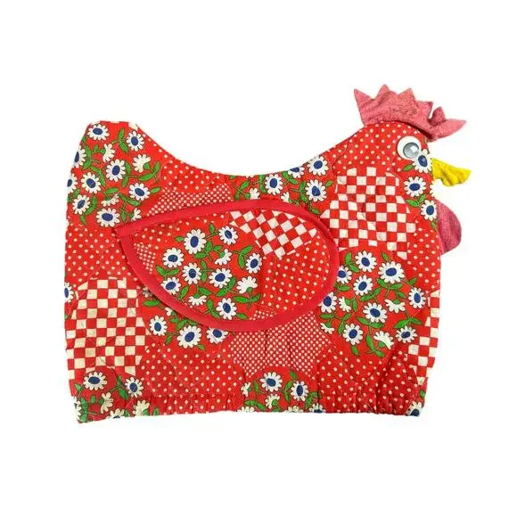 Cottage Quilted Red Chicken Rooster Kettle Cover Some Wear overall 12x8