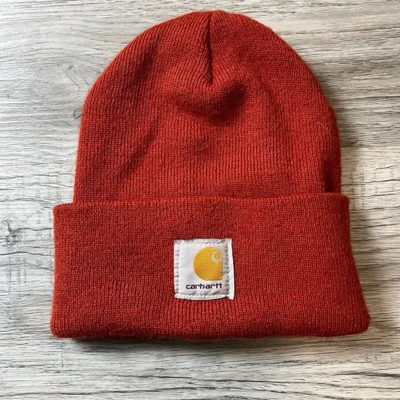 Carhartt Beanie Mens OSFA Orange A18 Acrylic Knit Watch Hat Logo Patch Workwear