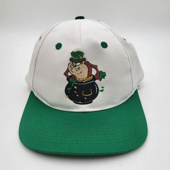 Vtg Taz White Hat‎ Looney Tunes One Size Snapback Pot of Gold St. Patrick's Day
