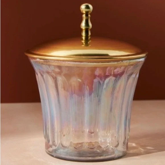 Anthropologie Lustrous Canister Iridescent Glass Gold Lid Vanity Jar 6.5H