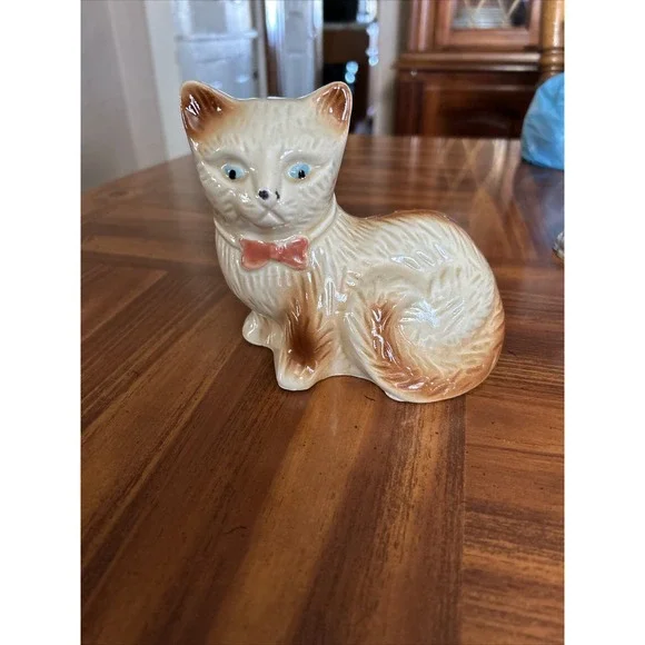 made in brazil Glazed Pottery Ceramic Brown‎ Beige Cat Kitten Kitty