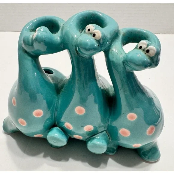 Fitz &Floyd Dinosaur Happy Brontosaurus Aqua Blue Pink Dot Toothbrush Pen Holder