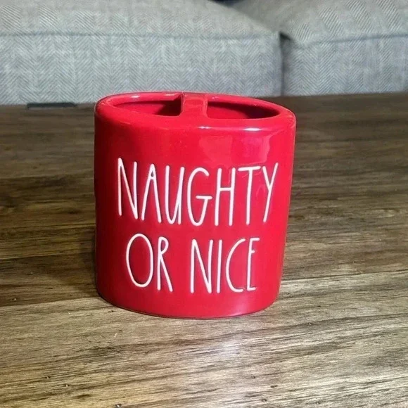 Rae Dunn Christmas Red Naughty Or Nice Makeup Brush/Toothbrush Ceramic Holder