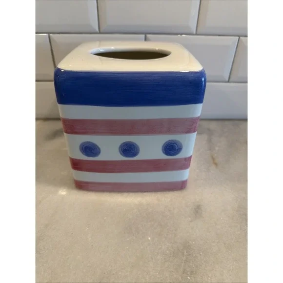 vintage Pale Red White Blue ceramic tissue cover Home Innovations GW995