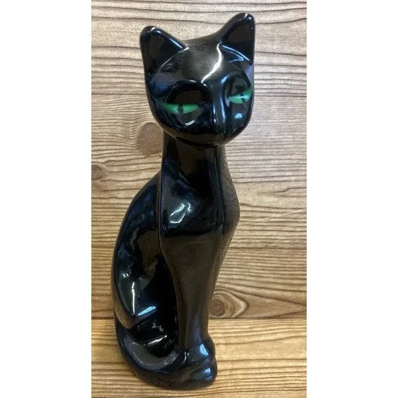 Vtg Black Cat Statue Green Eyes 11