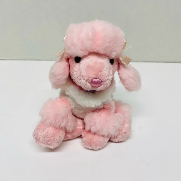 Fiesta Pink & White Setting Poodle Plush Toys 6.5 inches tall Bows on Her Ears