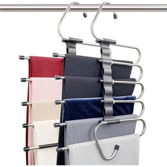 Space Saving Pants Hangers 2 Pack 5 Tier Closet Organizer with 10 Clips for Trou