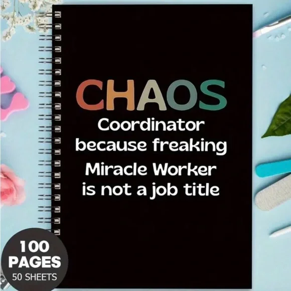 Black Spiral Notebook with Colorful Text-CHAOS Coordinator