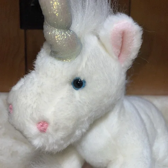 Vintage Gaia White Unicorn Plush Stuffed Animal Toy Blue Eyes Iri. Horn Mane‎