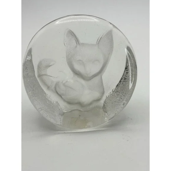 Vtg Zajecar Fox Cat Crystal‎ Yugoslavia Paperweight Etched Relief Decor