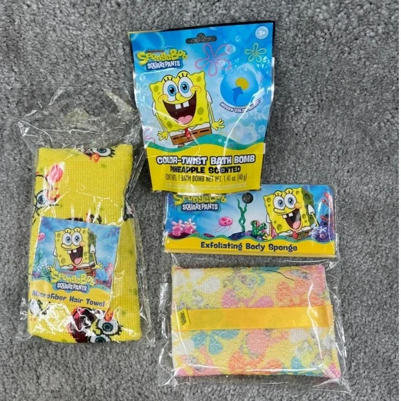 Nickelodeon SpongeBob SquarePants Bath Set 3 Piece Hair Towel Bath Bomb‎ Sponge