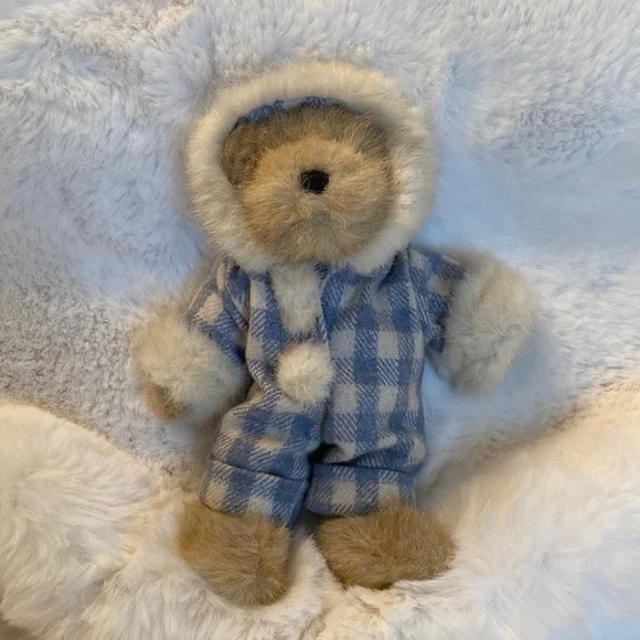 Boyds Bear Plush Jointed Lgt. Brown Fur Trim Hooded Checked Snowsuit #13644(CN)