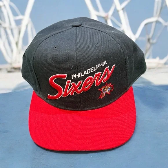 Philadelphia 76ers Mitchell & Ness Black and Red 8 Flatbill Fitted Cap