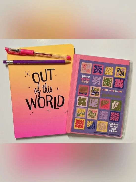 “Out of this World” & Pink w/Stickers Notebook Set - Gel Pen & Pencil Included