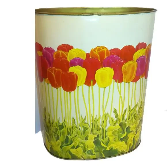 Vtg Cheinco Metal Trash Can Waste Basket Mid Century MCM Colorful Tulips READ