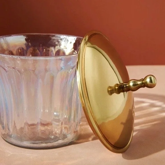 Anthropologie Lustrous Canister Iridescent Glass Gold Lid‎ 6.5
