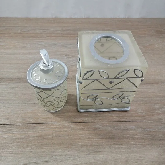 Wamsutta Monique Lotion Bottle and Tissue Cover Set Frosted Glass Silver Trim