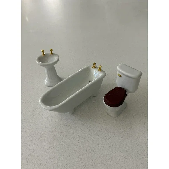 Miniature Dollhouse 1:12 Scale - Bathroom Set White‎ Gold Fixtures T5013