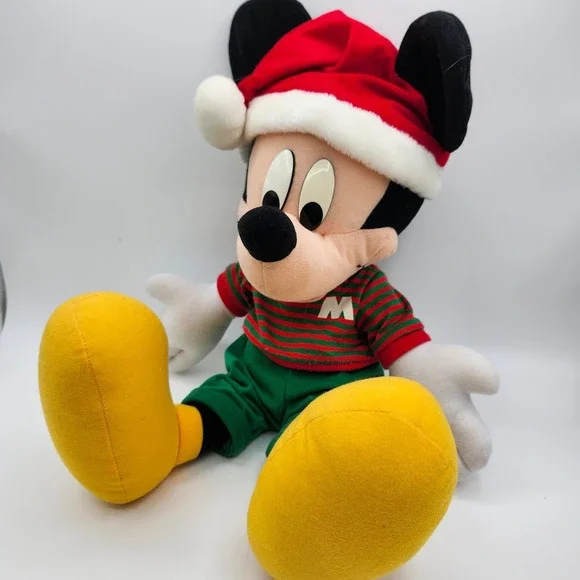 Vintage Mickey Mouse Christmas Plush Toy Santa Hat Striped‎ Shirt Green Pants