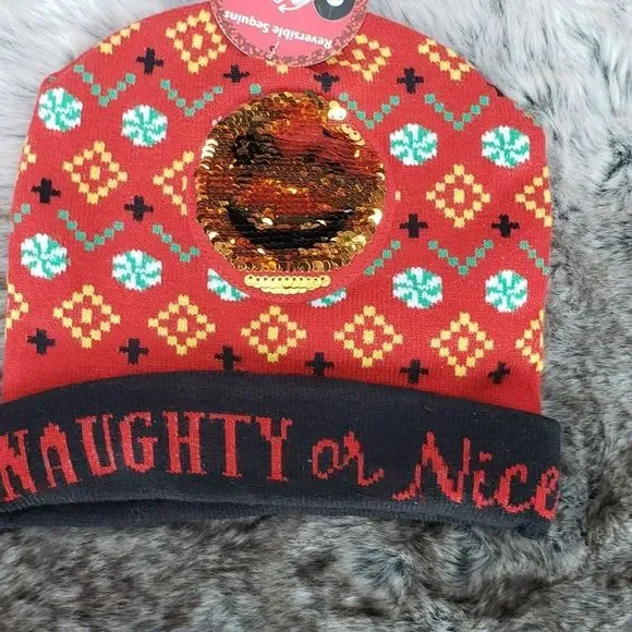 Naughty Or Nice Christmas Beanie Winter Hat Holiday Changeable Smiley‎ Face Red
