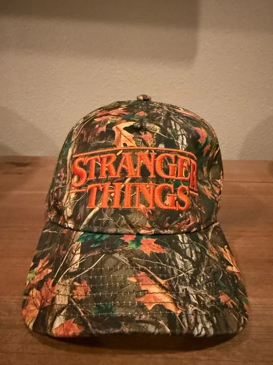 Stranger Things hard to find bright orange and camo embroidered SnapBack hat