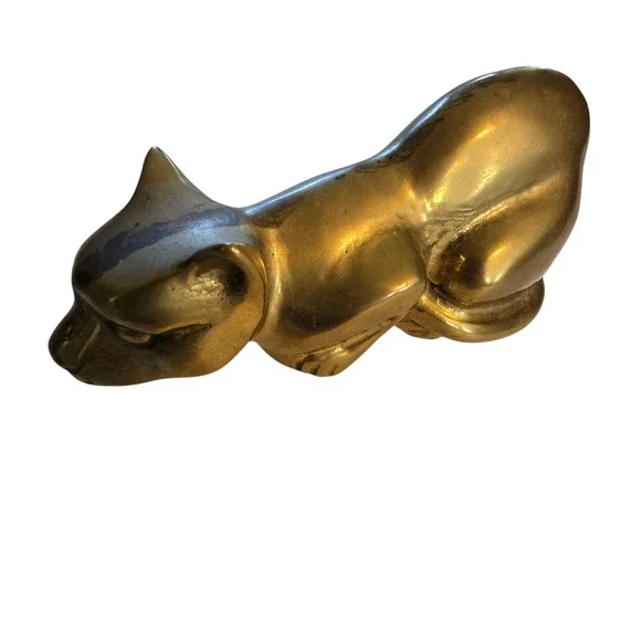 Vintage 1984 Enesco Brass Crouching Cat Figurine 6.75