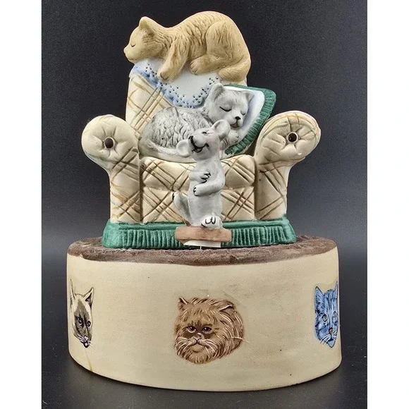 Vtg MSR Cats On Chair Ceramic Music Box Mouse Spins Plays Impossible Dream