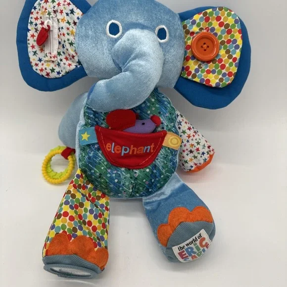 Eric Carle Blue Elephant Activity Plush Button Zip Mirror Teether Chime Toy