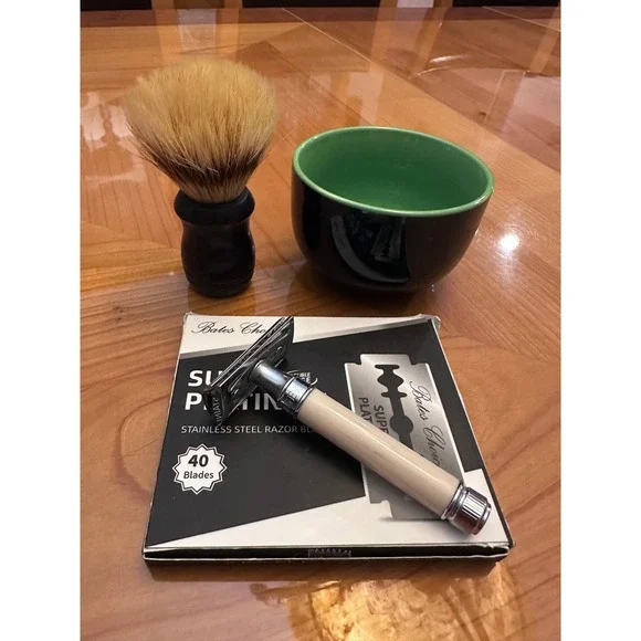 Edwin Jagger‎ Wet Shaving Kit Safety Razor 40 Blades Brush and Ceramic Bowl Set