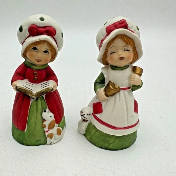 Set 2 Vintage Jasco Christmas Girls Caroler dog Cat Book Porcelain Bell figurine
