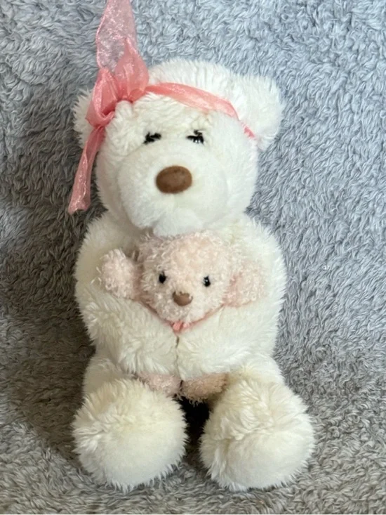 GUND Momma’s Love White Bear Plush w/ Baby Teddy Pink Bow Stuffed Animal Toy