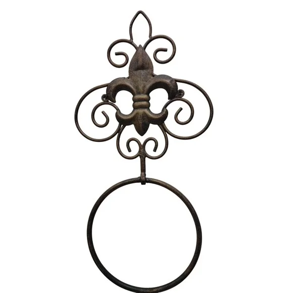 Vintage Antique Fleur De‎ Lis Brass Metal Towel Ring Holder Easy To Install