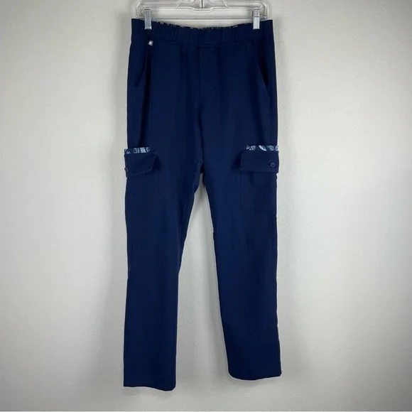 Figs Mens Navy Blue Contrast Print Feather Cargo Scrub Medical Nurse Pants Small
