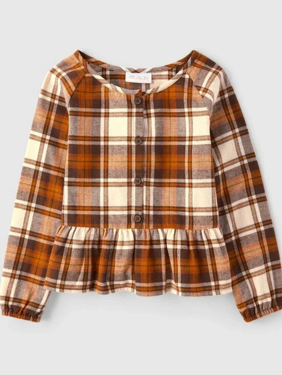 The Children's Place Orange and Cream Plaid Peplum Button-Up Top