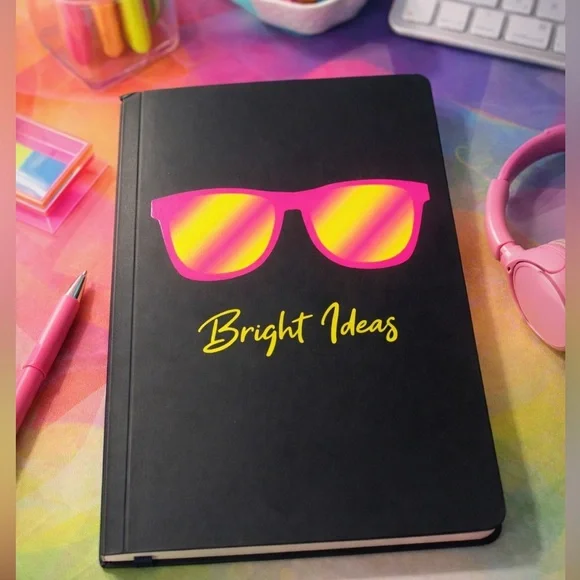 Black Notebook with Pink and Yellow Sunglasses Design Neon Pink and yellow