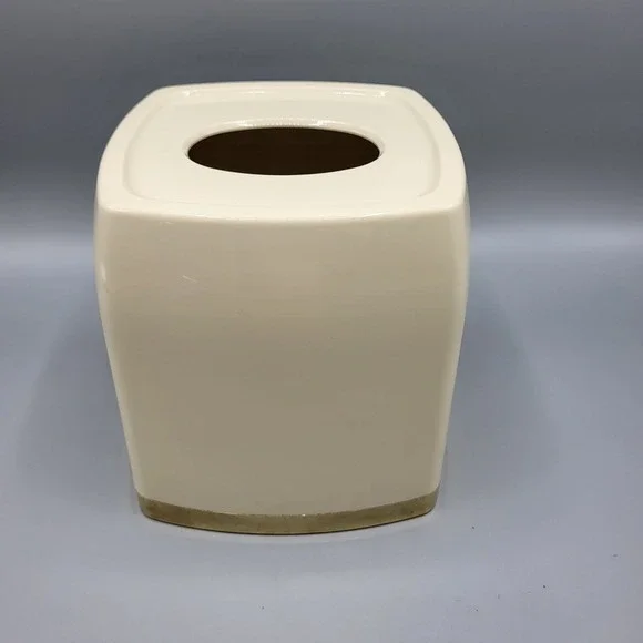 Tissue Box Cover Home Decor Square Plastic Gold Trim Cream Bathroom Decor