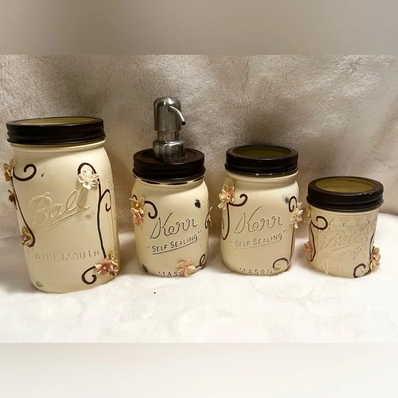 Rustic Farmhouse Mason Ball Kerr Jar 4 Pc Bathroom Set Ivory Chalk Paint