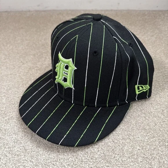 Detroit Tigers New Era 59fifty Pinstripe Black Green Sz 7 1/2 Wool Hat Cap MLB