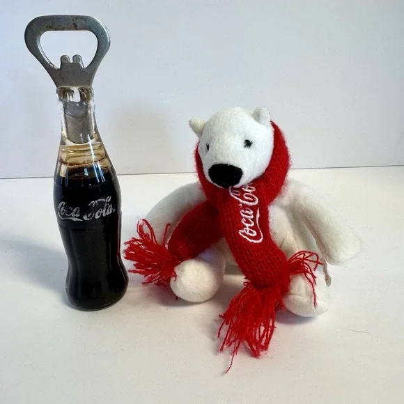 Vtg COCA-COLA Plush Polar Bear &‎ Liquid Filled Soda Bottle Opener