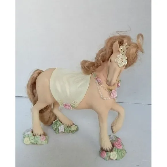 Vintage Decorative Horse Figurine with Floral‎ Details and Cream Saddle Romantic