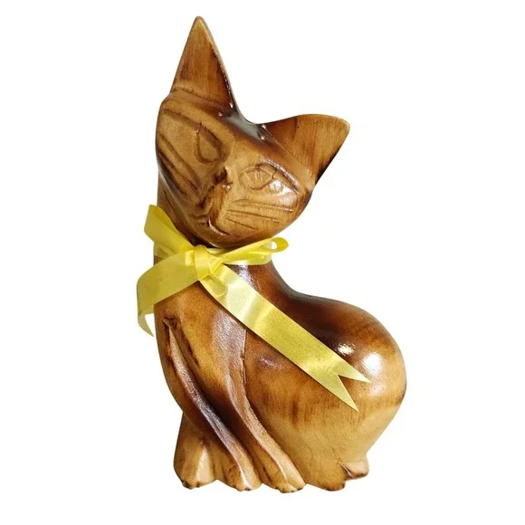 Vintage Mid Century Two-tone Hand-carved Wooden Siamese Cat Figurine Statue‎ MCM