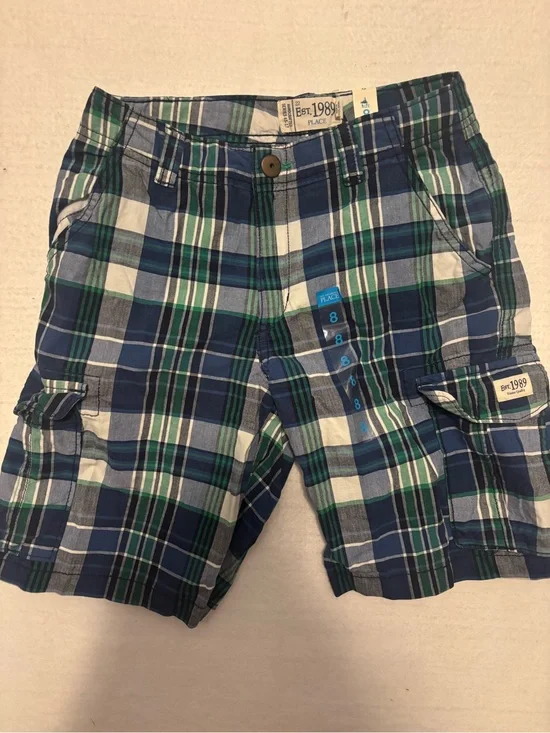The Children's Place Blue Green Plaid Cargo Boys Shorts Size 8