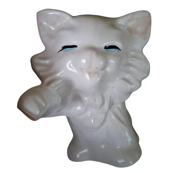 Vintage American Bisque Playful White‎ Kitten Figurine Smiley Happy Mischievous