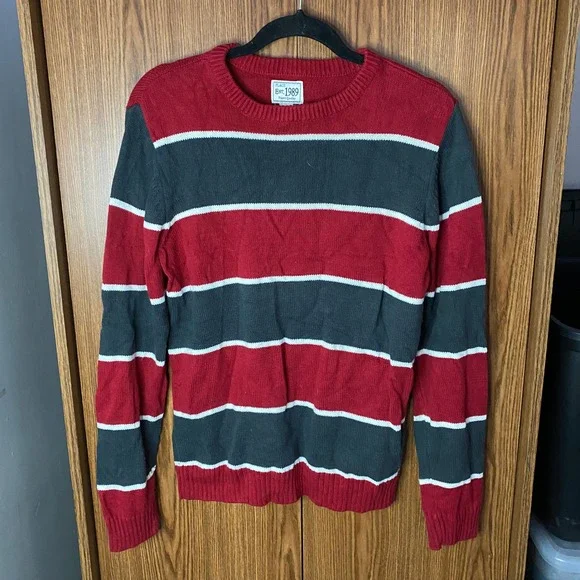 The Children's Place Striped Sweater Kids XL 14 Red Grey Crewneck Knit 2439