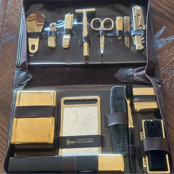 Vintage 1970s Royce Leather Men’s Grooming Kit - Made in Austria Gold Tone Tools