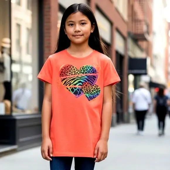 Vibrant The Children's Place Girls Coral Animal Print Heart T-Shirt - Size: S