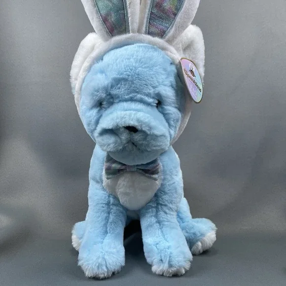 FAO Schwarz Plush Blue Bulldog Puppy Dog Sparklers Bow Easter Bunny Ears 16