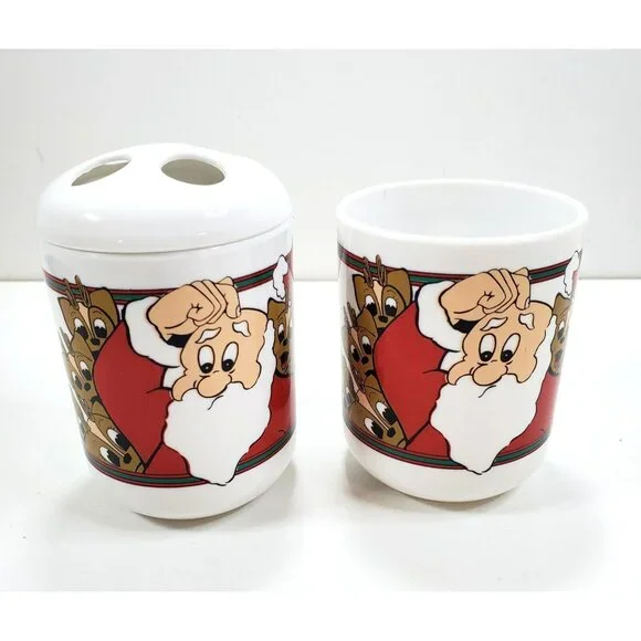 Vtg White Plastic Santa Claus Reindeer Christmas Bathroom Toothbrush Holder Cup