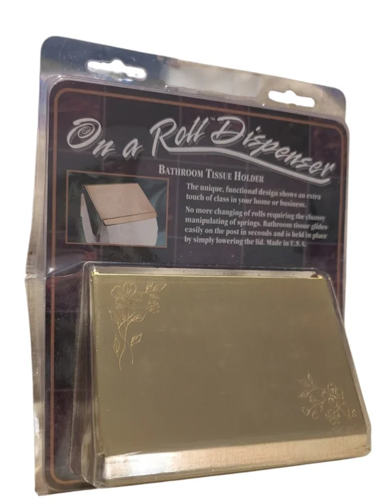 Rare vintage Solid Brass metal engraved gold floral toilet paper Holder NIP